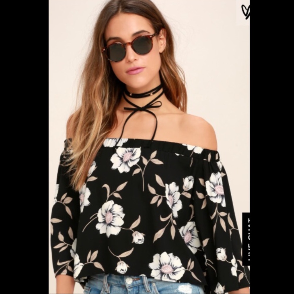 Light of Dawn Black Floral Print Off Shoulder Top